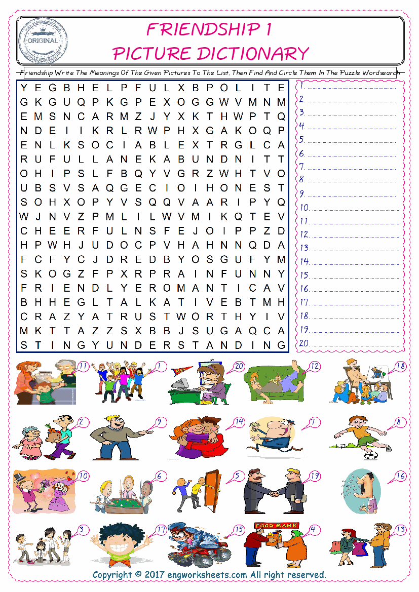  For kids, check the picture of Friendship find, and write the word and find it in the word puzzle ESL printable worksheet. 